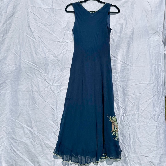 90s Inspired 100% Silk Navy Bias Cut Midi Dress with Embroidery Rose V Cut - Picture 3 of 4